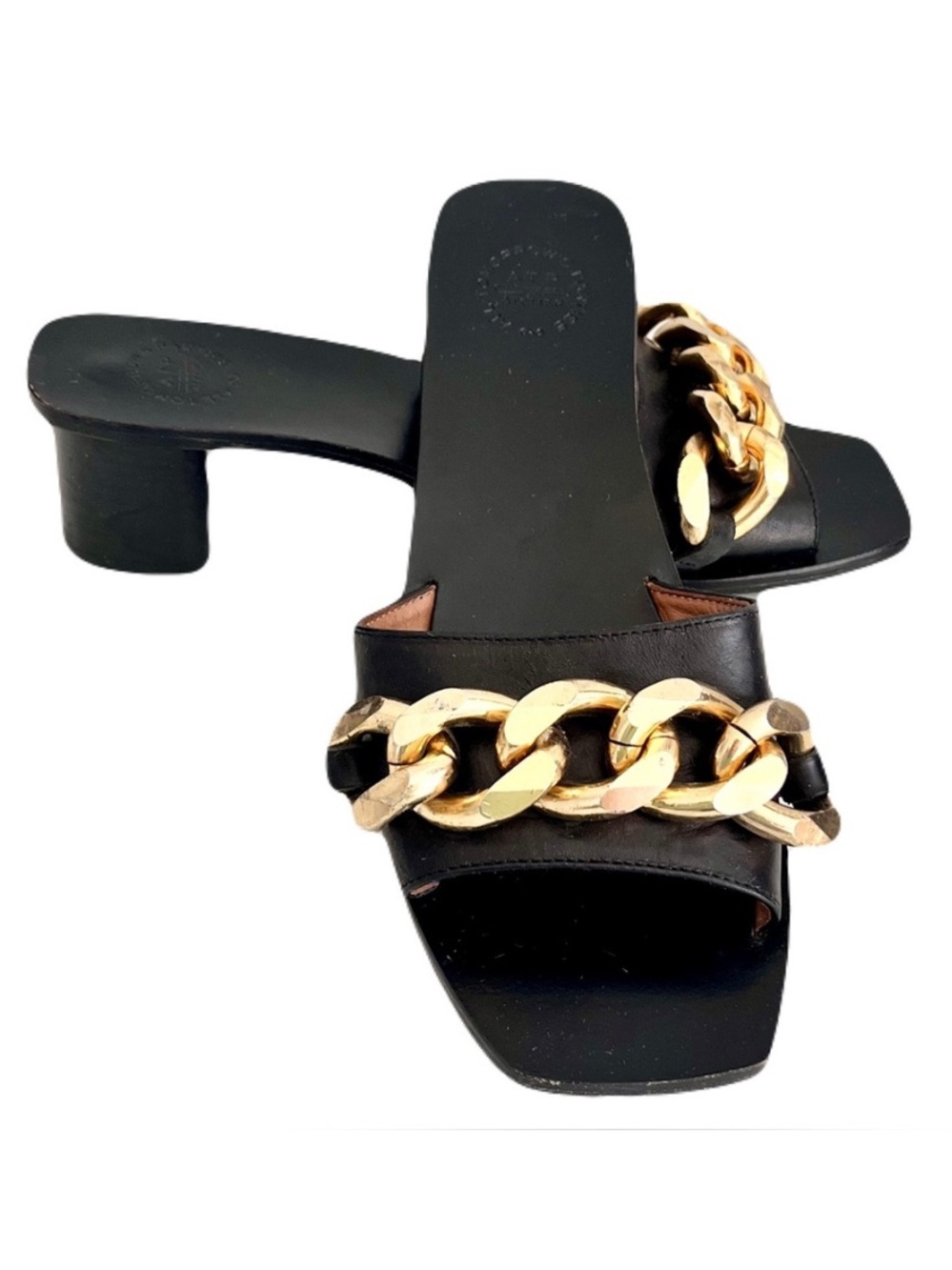 ATP Atelier Black Leather ‘Chiari’ Chunky Gold Chain Heeled Sandals, Size 39